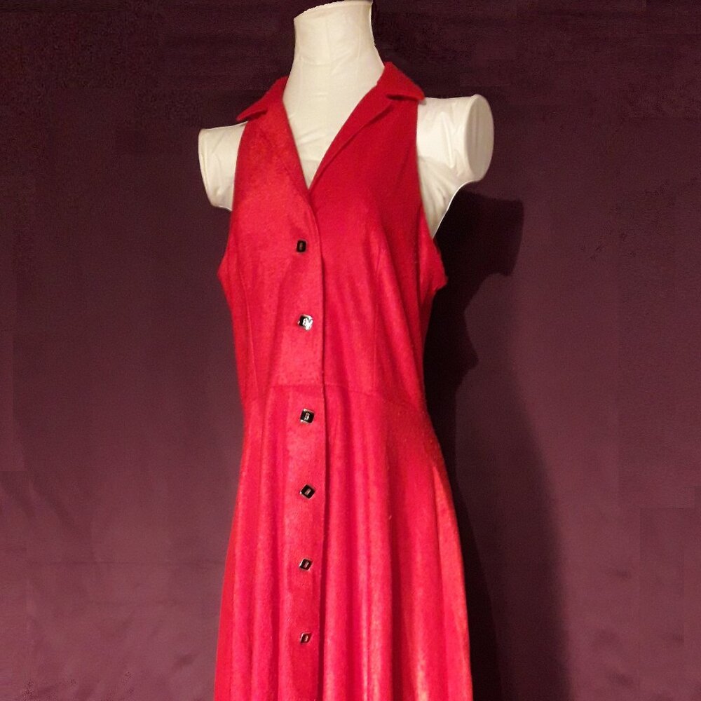 Vintage 1960s 1970s Red Halter Dress Midi Sleeveless Women Ladies 60s 70s